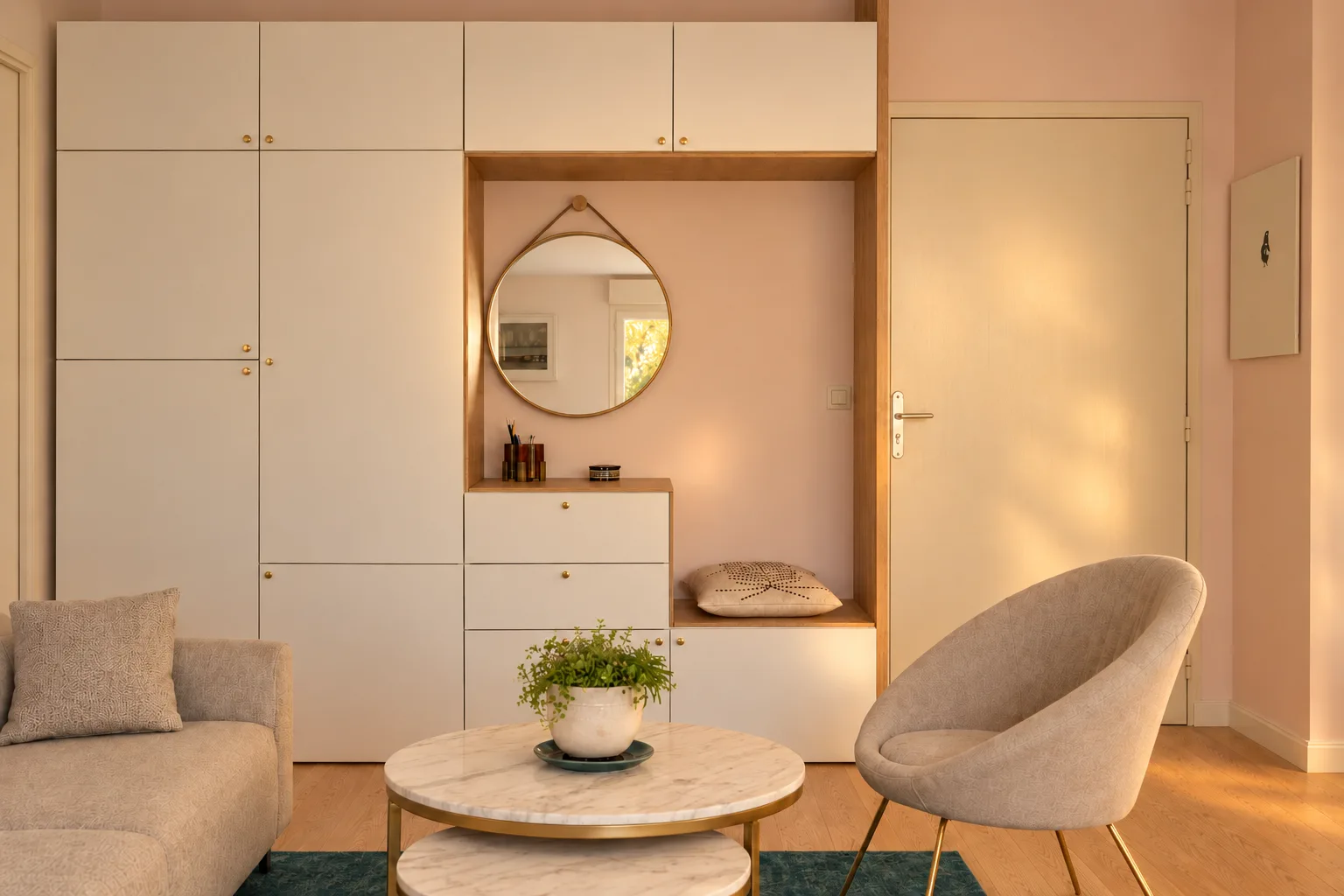 Salon avec rangements intégrés du projet Dupaty à Bordeaux