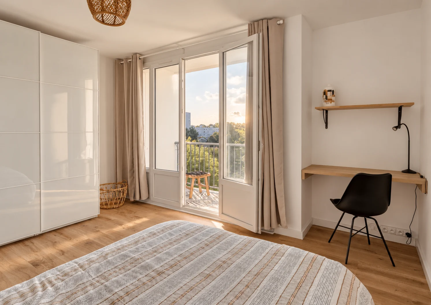 Chambre avec bureau et accès balcon du projet Zubieta à Talence