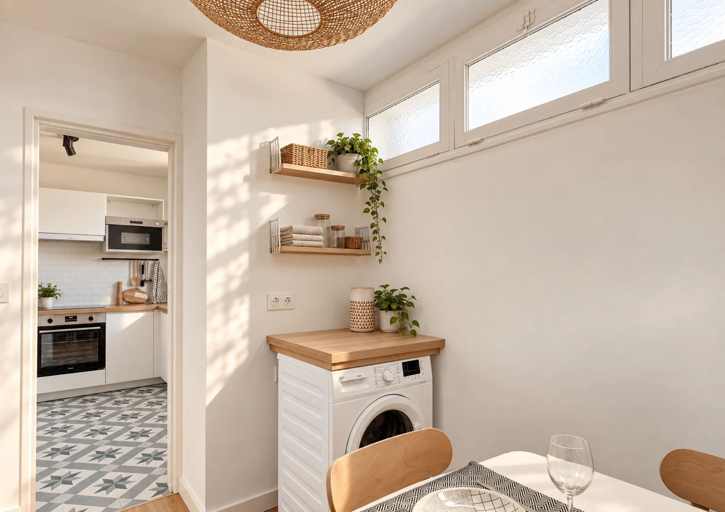 Espace repas et buanderie du projet Zubieta à Talence