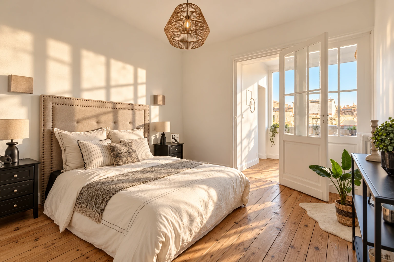 Chambre aux tons naturels et parquet en bois, projet Saint-Seurin à Bordeaux
