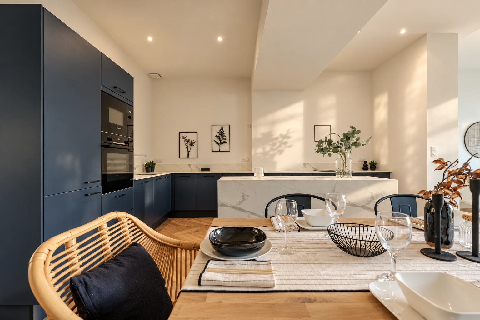 Cuisine bleu nuit et espace repas, projet Saint-Seurin à Bordeaux