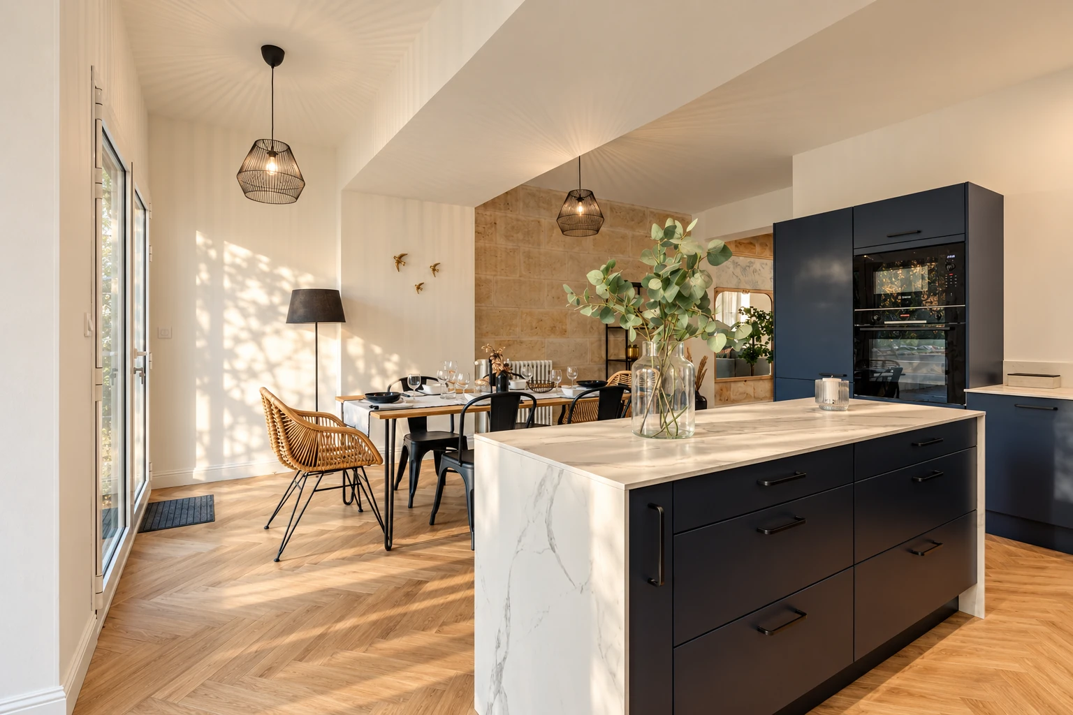Cuisine avec îlot central et mur en pierre, projet Saint-Seurin à Bordeaux