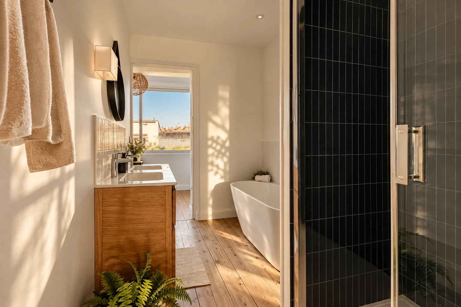 Salle de bains avec meuble en bois, baignoire et douche, projet Saint-Seurin à Bordeaux