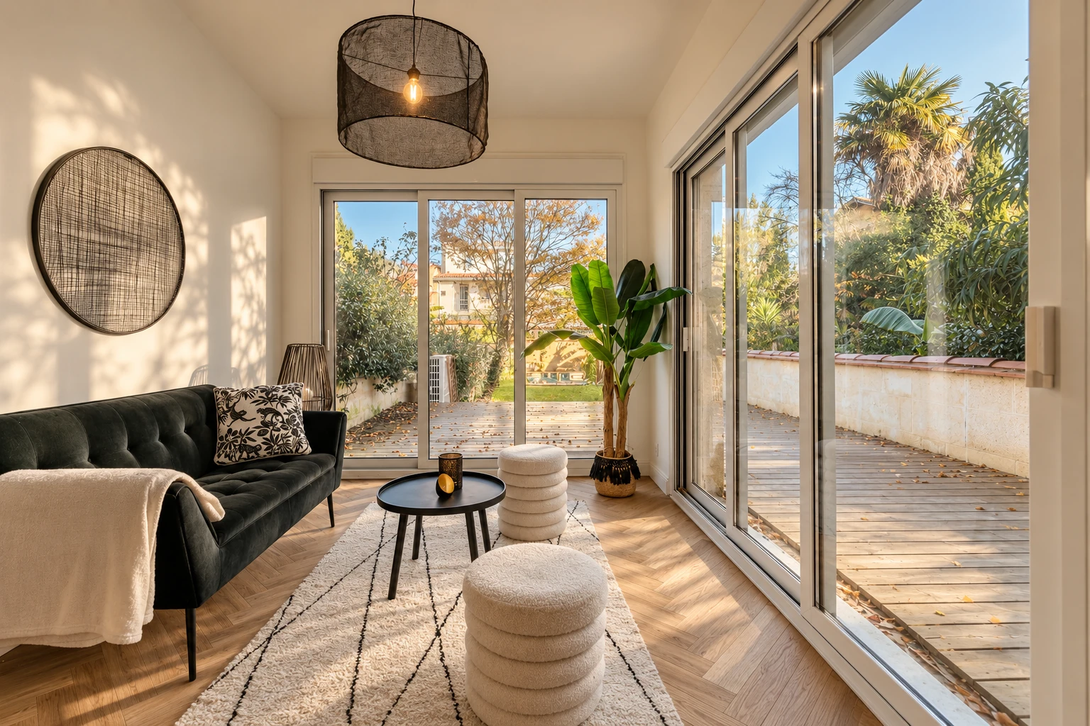 Salon aux baies vitrées ouvertes sur le jardin, projet Saint-Seurin à Bordeaux