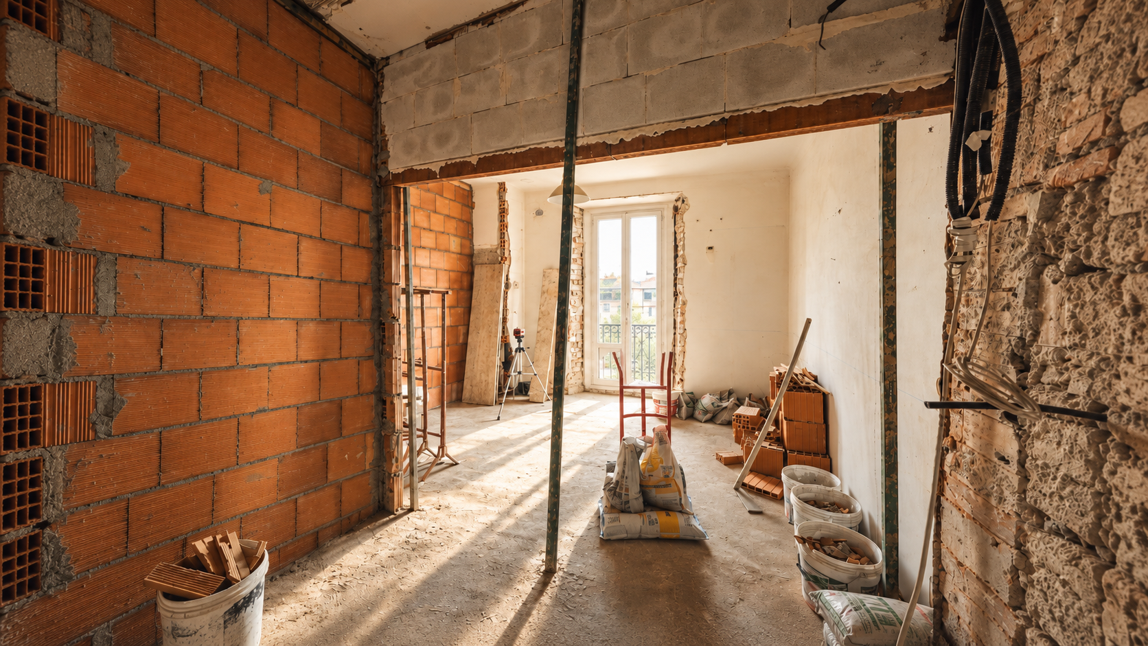 Appartement ancien en cours de rénovation à Bordeaux avec murs en briques apparentes